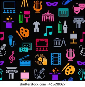 Art & culture, background, seamless, black. Vector background with images of objects of culture, leisure and entertainment. Colorful, flat icons on a black background. 