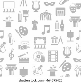 Art & culture, background, seamless, white. Vector background with images of objects of culture, leisure and entertainment. Grey, flat icons on white background. 