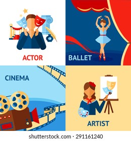 Art and culture design concept set with actor ballet cinema artist flat icons isolated vector illustration