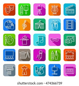 Art & culture, icons, contour, colored. Vector flat icons of attributes of culture and art. White image on a colored background with a shadow. 