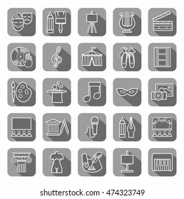 Art & culture, icons, contour, gray. Vector flat icons of attributes of culture and art. White image on a gray background with shadow. 
