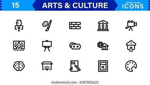 Art and Culture Icons. High-Quality Line and Outline Vector Illustrations for Heritage, Performance, Music, UI UX, and Digital Design Needs
