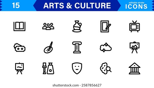 Art and Culture Icons. High-Quality Line and Outline Vector Illustrations for Heritage, Performance, Music, UI UX, and Digital Design Needs