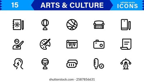 Art and Culture Icons. High-Quality Line and Outline Vector Illustrations for Heritage, Performance, Music, UI UX, and Digital Design Needs
