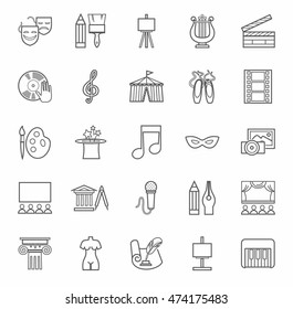 Art & culture, icons, monochrome, outline. Vector flat icons of attributes of culture and art. Gray image on a white background. 