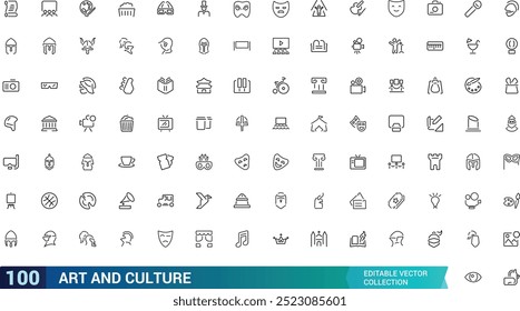 Art and culture line icons collection. History and culture icon pack. Museum, buildings, music, entertainment icons. Thin outline icons pack. Vector illustration