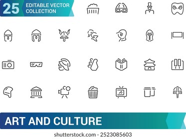 Coleção de ícones de linha de arte e cultura. Ícone de história e cultura. Museus, prédios, música, ícones de entretenimento. Pacote fino de ícones de estrutura de tópicos. Ilustração vetorial