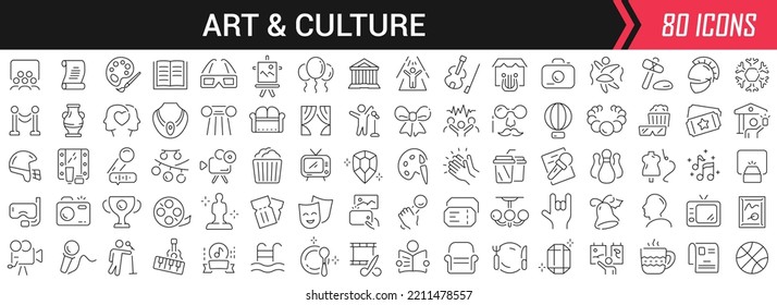 Art and culture linear icons in black. Big UI icons collection in a flat design. Thin outline signs pack. Big set of icons for design