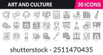Art and Culture Outline Vector Icon Collection. A set of outline icons related to artist, painting, museum, architecture, image, music, creative and more. Editable stroke. Vector illustration