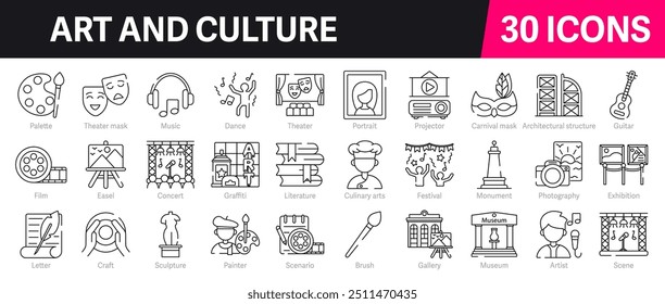 Art and Culture Outline Vector Icon Collection. A set of outline icons related to artist, painting, museum, architecture, image, music, creative and more. Editable stroke. Vector illustration