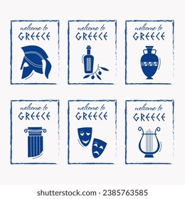 Art and culture vector icon set, amphora, column, statue, mask, Greece. Ancient, Greek civilization. 