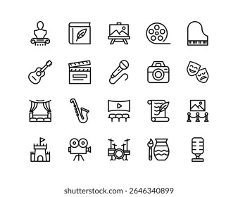 Art and Culture Vector Icon Set | Adjustable Line Weight | Theater, music, painting, sculpture, photography, cinema, dance, gallery, instruments, performance, film, exhibition, creative arts icons