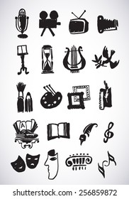 Art and culture. Vector set of logos. Hand drawn sketch illustration