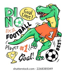 Art. Cute dinosaur plays soccer. Design for kids poster, T-shirt, prints, nursery closing, fabrics. Vector illustration. T-rex dinosaur. Football
