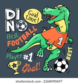 Art. Cute dinosaur plays soccer. Print on a gray background. Design for kids poster, T-shirt, prints, nursery closing, fabrics. Vector illustration. T-rex dinosaur. Football