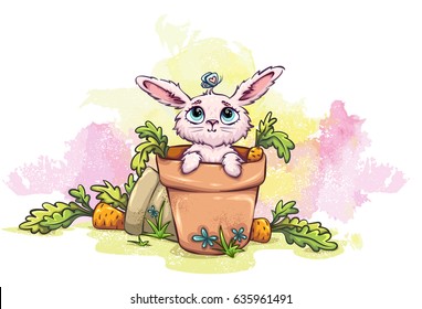 Art with cute rabbit in the garden with pots and carrots. Vector illustration.