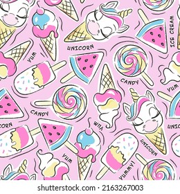 Art  Cute unicorn ice cream pattern  Beautiful pink background  Fashion illustration drawing in modern style for clothes