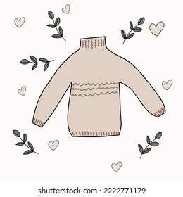 art, cute warm sweater among twigs and hearts