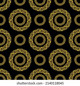 Art dark seamless pattern. Yellow rings of different sizes, formed from polygons, triangles, swirling stripes, lined up in rows on a black background. Vector.

