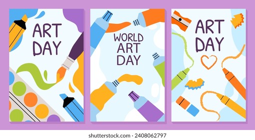 Art day posters set. Art and creativity. Paints and palette. Colorful pencils. Equipment for workshop and studio. International holiday. Cartoon flat vector collection isolated on violet background