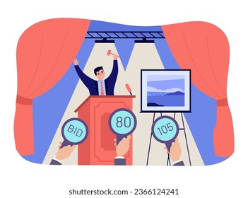 Art dealer selling painting at auction vector illustration. Cartoon drawing of hand of bidders holding bidding cards, framed artwork, man with gavel. Auction, art, luxury, decoration concept