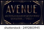 Art deco 1920s font with golden type and elegant typeface, vector vintage alphabet. Art deco font type with golden letters in classic thin line of 20s cinema vintage style or luxury brand typeface