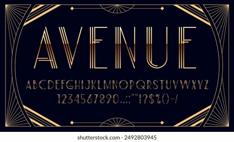 Art deco 1920s font with golden type and elegant typeface, vector vintage alphabet. Art deco font type with golden letters in classic thin line of 20s cinema vintage style or luxury brand typeface