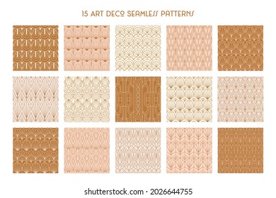 Art Deco 1920s Seamless Patterns Set in a Trendy minimal Linear Style. Vector Abstract Retro backgrounds with Geometric Shapes. For packaging, fabric printing, branding, wallpaper, covers