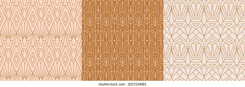 Patrones impecables de Art Deco de los años 20, en un estilo lineal minimalista a la moda. Vector Resumen Retro fondos con formas geométricas. Para empaque, impresión de tejidos, marca, papel pintado, cubiertas