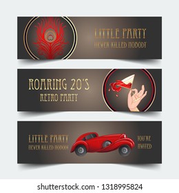 Art deco (1920's style)  banner set. Female hand holding cocktail glass with splash. vintage invitation template design for drink list, bar menu, glamour event, thematic wedding, jazz party flyer. 