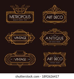 Art deco 6 fine golden geometric style luxury labels templates set black background isolated antique vector illustration