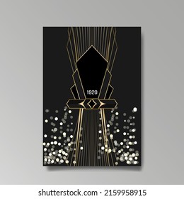 Art Deco A4 page template, retro style for web and print, city and the lights pattern with golden lines. Modern design for menu or flyer, luxury gentle design