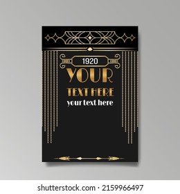 Art Deco A4 page template, retro style for web and print, city and the lights pattern with golden lines. Modern design for menu or flyer, luxury gentle design, antique Greek style