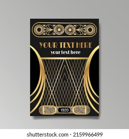 Art Deco A4 Seitenvorlage, Retro-Stil für Web und Druck, Stadt und die Lichter Muster mit goldenen Linien. Modernes Design für Menü oder Flyer, luxuriöses, sanftes Design, antiker griechischer Stil