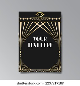 Art Deco A4 page template, retro style for web and print, city and the lights pattern with golden lines. Modern design for menu or flyer, luxury gentle design
