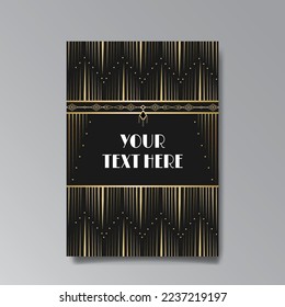 Plantilla de página Art Deco A4, estilo retro para web e impresión, ciudad y patrón de luces con líneas doradas. Diseño moderno para menú o folleto, diseño elegante y de lujo