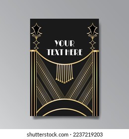 Art Deco A4 page template, retro style for web and print, city and the lights pattern with golden lines. Modern design for menu or flyer, luxury gentle design