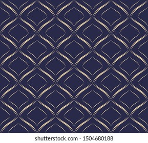 Art deco. Abstract geometric background with gold lines. Thin fan tiles seamless pattern. Elegant fishnet. Graphic backdrop. Exquisite subtle wallpaper. Modern stylish texture. Black and white lattice