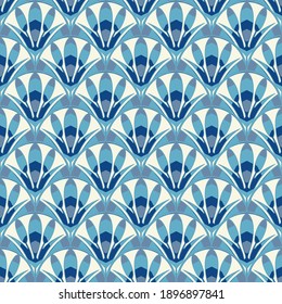 Art deco abstract seamless pattern blue color on beige background, elegant wallpaper or fabric