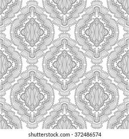 Art deco abstract vector seamless geometrical pattern from dark grey  rhombus, Eskimo ornaments, lacy wavy stripes. Black and white. Textile fantasy print. Wrapping paper. Bohemian Batik painting