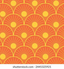 Art deco abstract yellow sun on orange background seamless pattern. For wallpaper, home decor and textile