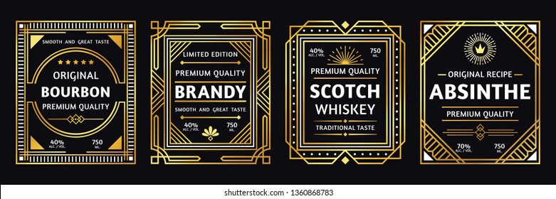 Art Deco Alcohol Label. Vintage Bourbon Scotch, Retro Brandy And Absinthe Labels. Craft Alcohol Beverage Logo, Brand Whisky And Bourbon Sticker Elegant Gold Design Vector Illustration Set