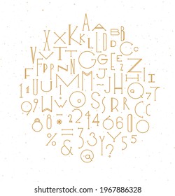 Art deco alphabet drawing with gold line on white background