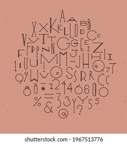 Art deco alphabet drawing in line style on powdery color background