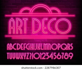 Letra Art Deco del alfabeto. Letras y números de neón rosado. Escritura vectorial de material para su diseño.