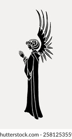 Art deco angel silhouette in black and white. Elegant wings, vintage style. Angelic figure in a flowing robe, classic art deco design, monochrome illustration. Vintage woman illustration vector.