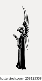 Art deco angel silhouette in black and white. Elegant wings, vintage style. Angelic figure in a flowing robe, classic art deco design, monochrome illustration. Vintage woman illustration vector.