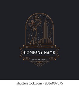 Art Deco Antique Gold Couple dancing Logo.Mono line monogram logo template. Elegant frame.Luxury style outline linear.minimal geometric vintage linear vector frame , border , label for your logo