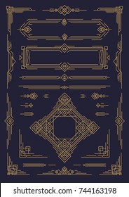 Art deco and arabic line design elements gold color isolated on black background for greeting card, menu, pattern, textile, decoration wedding invitation, poster, promotion, web. Vector Illustration