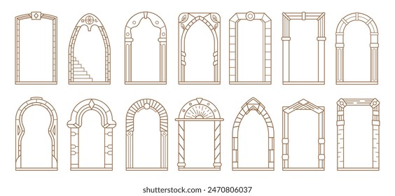 Marcos de arco Art Deco, arcos, puertas o bordes conjunto de Vector. Arcos y puertas ornamentados en estilo Boho. Entradas arquitectónicas, arqueadas con columnas y patrones decorativos en un estilo de arte de línea limpia